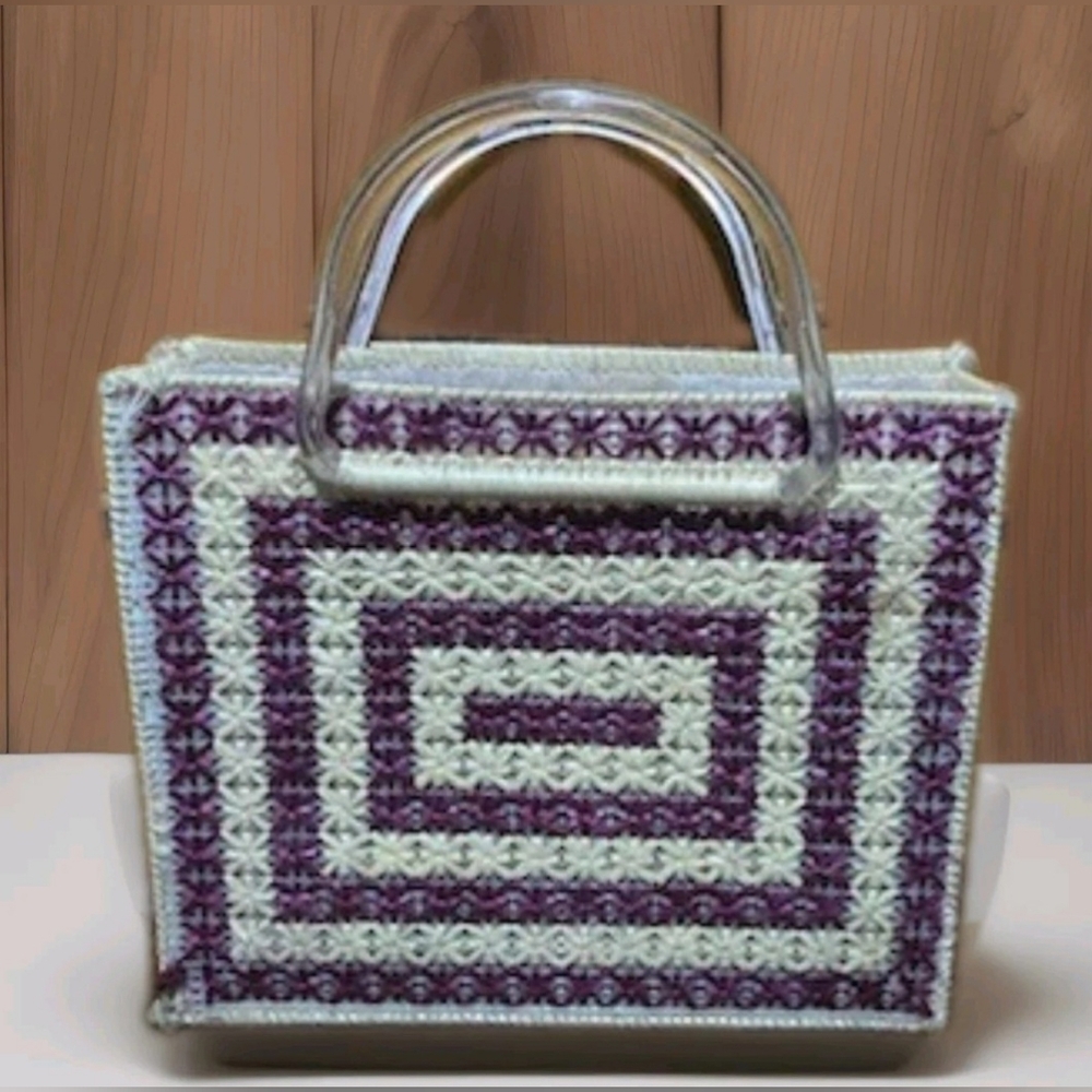Vintage Handemade White and Purple Rafia Tote Purse With LUCITE Clear Handlers